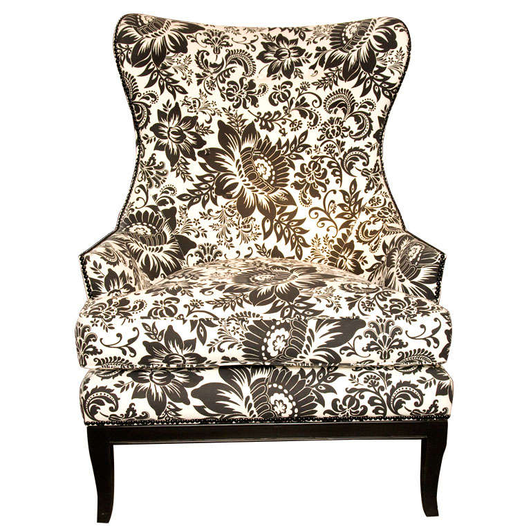 Handsome Comfortable Wingback Chair Upholstered in Bold Print